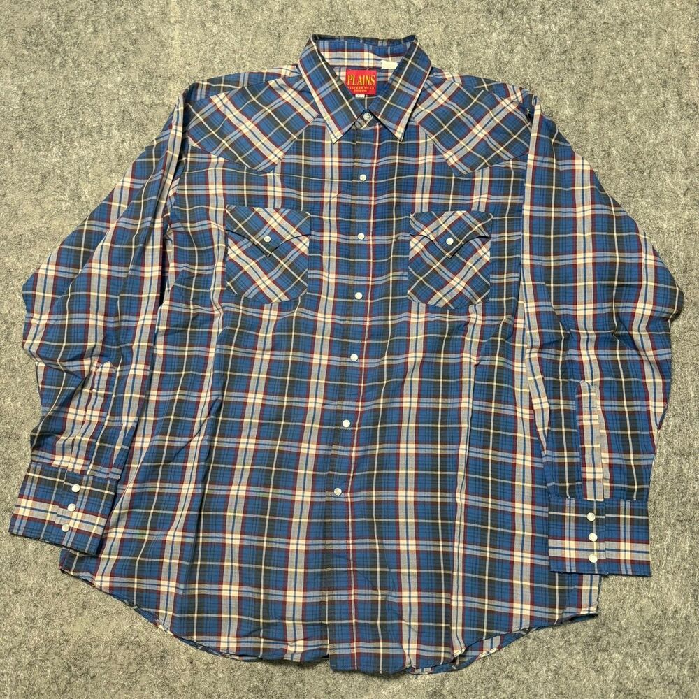 Vintage 90s Plains Western Wear Pearl Snap Shirt XL Blue Red Plaid Cowboy